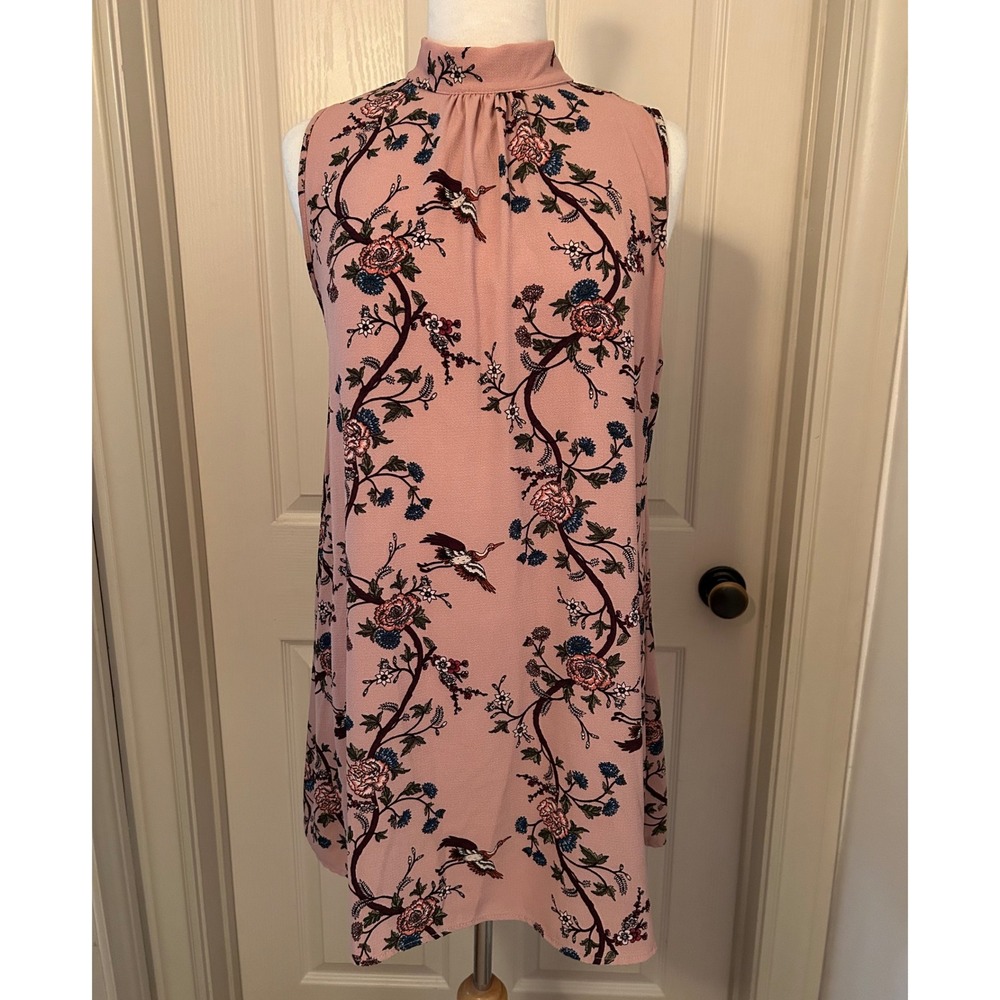 Alya Floral Print Mock‎ Neck Sleeveless Dress Cute Bird Design Womens Size S